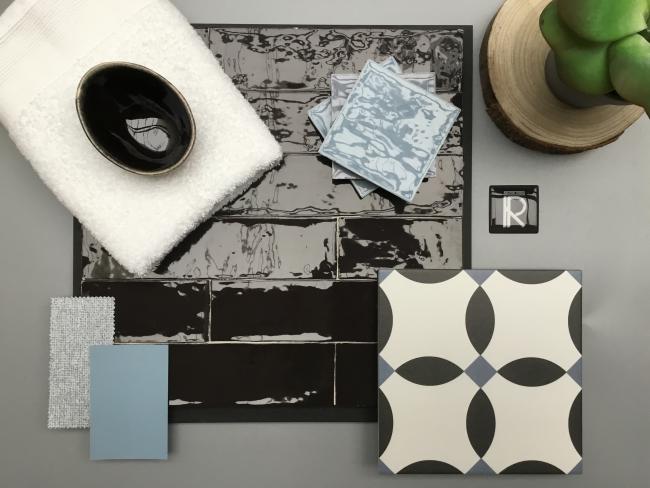 LA MADELEINE CHERE NOIR + ATELIER 6.2x25 NOIR BRILLANT + ATELIER 10x10 BLEU LUMIERE GLOSSY